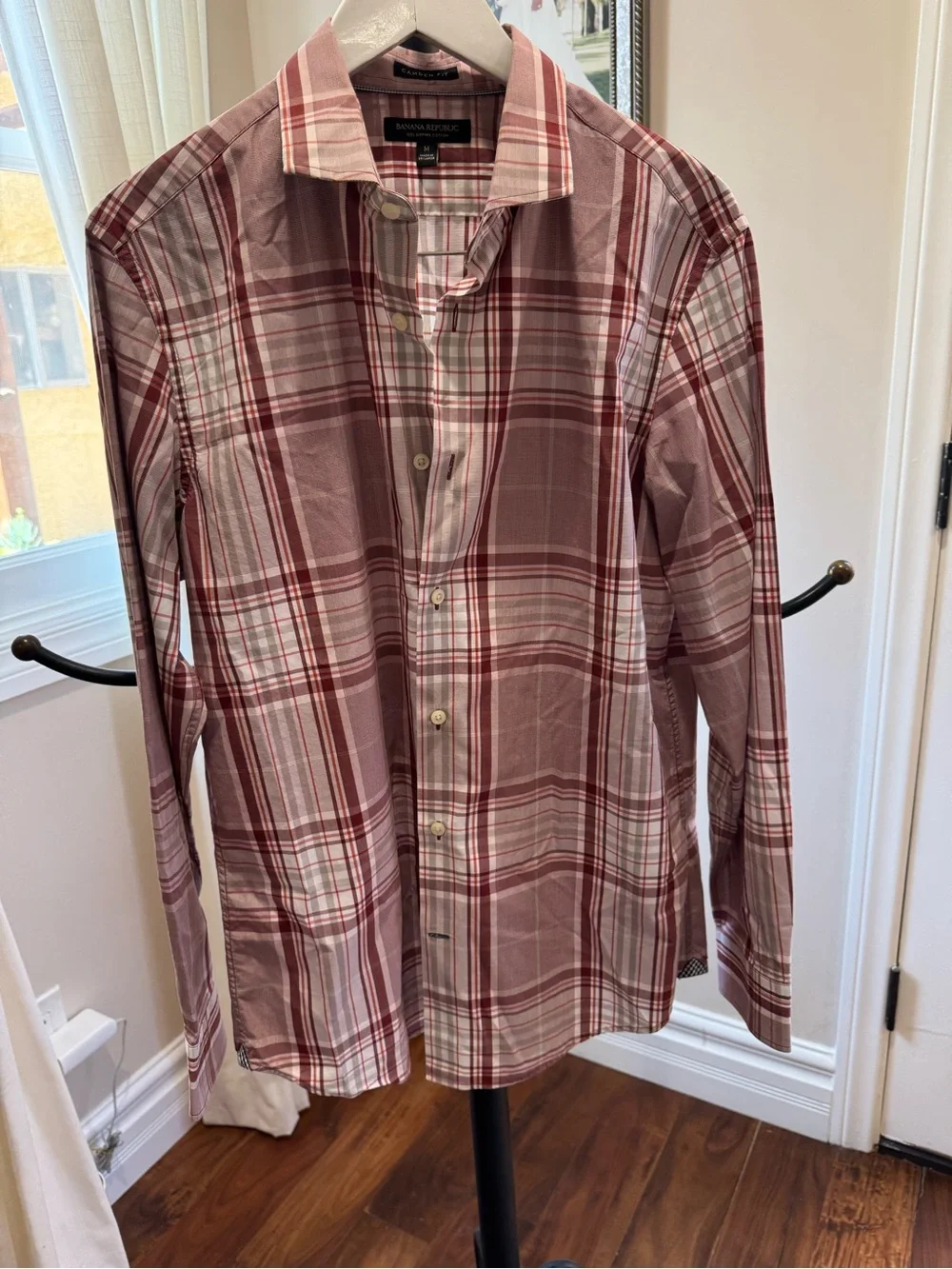 Banana Republic Burgundy White Plaid Button-Down Shirt Medium Camden Fit